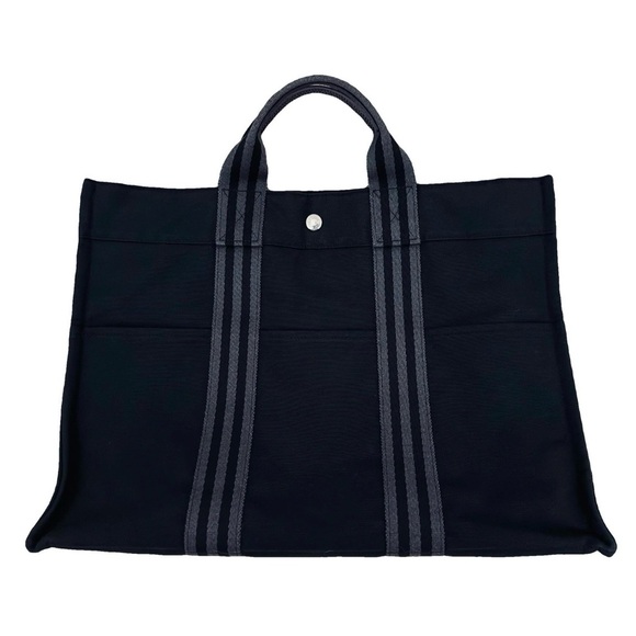 Hermès AUTHENTIC Black & Grey Stripe Toile Fourre Tout MM Large Canvas Tote Bag - Picture 1 of 16